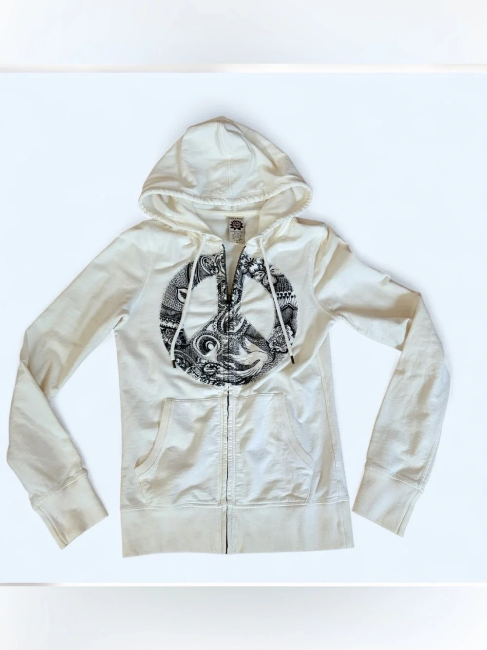 Lucky Brand Y2K Cream Black Paisley Peace Sign Full Zip Hoodie Womens XS Boho